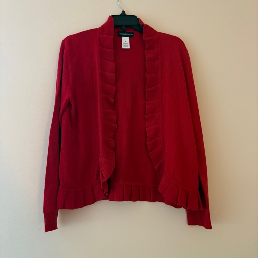 Draper’s Studio Red Pleated Trim Open Front Cardigan Sweater Women’s Medium